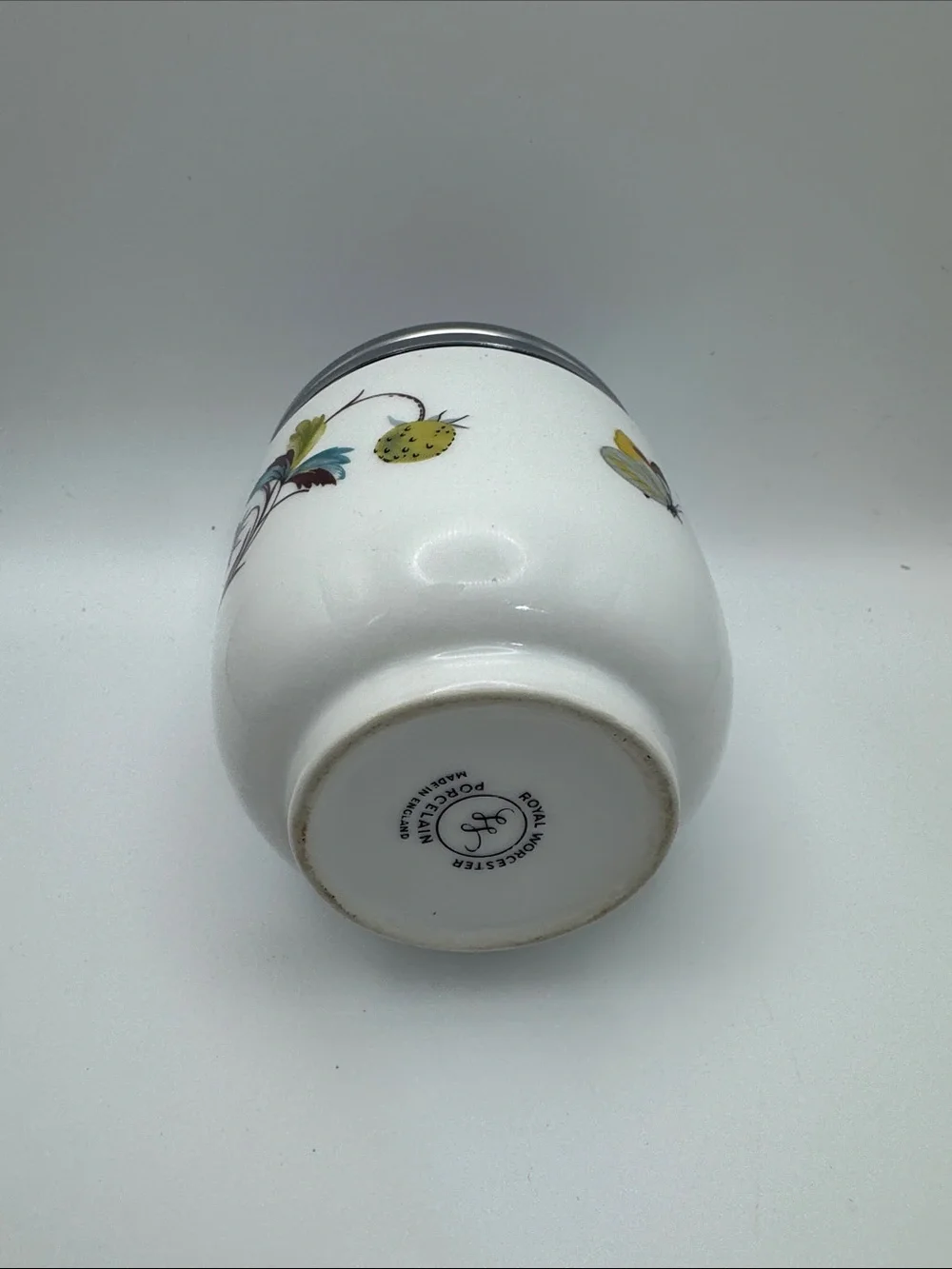 Royal Worcester White Porcelain Lidded Jar with Fruit and Floral Accents 4”